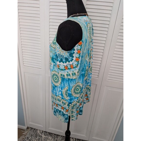 Chico's Top Women M/1 Geo Lagoon Cold Shoulder Tunic Aqua Blue Abstract Stretch - Picture 6 of 12